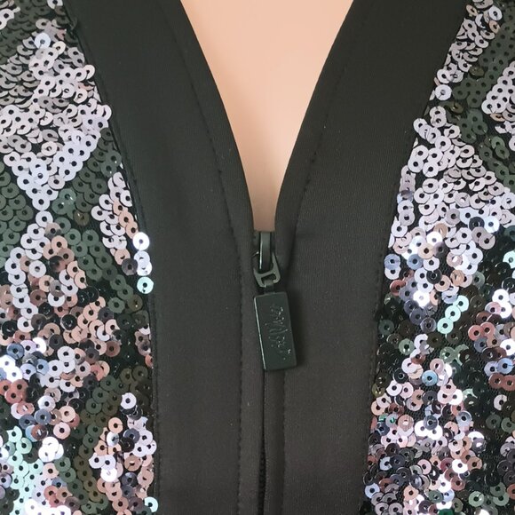 Bob Mackie Black Sequin Sweater L Zip Front Holiday Cardigan Side Pockets - Picture 4 of 6